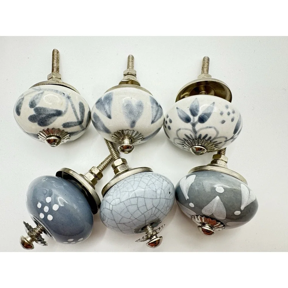 Blue Gray Ceramic Drawer Knobs‎ Set 6 Floral Cabinet Pulls Farmhouse Decor
